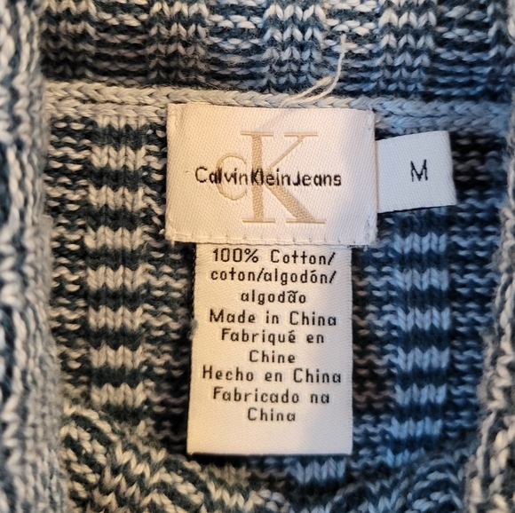 Vintage Calvin Klein Blue White Stripes Turtleneck Ribbed Knit Sweater - Picture 5 of 6